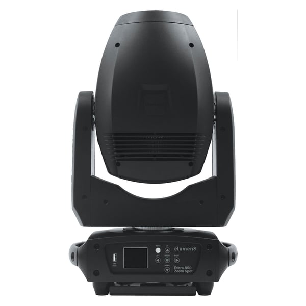 Professional moving head stage light, Elumen8 Evora 850 Zoom Spot, used for dynamic event lighting effects.