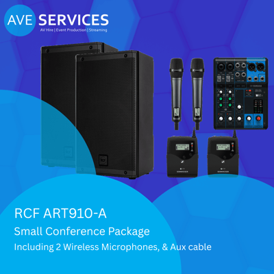 RCF Speakers, Sennheiser wireless microphones, yamaha sound desk