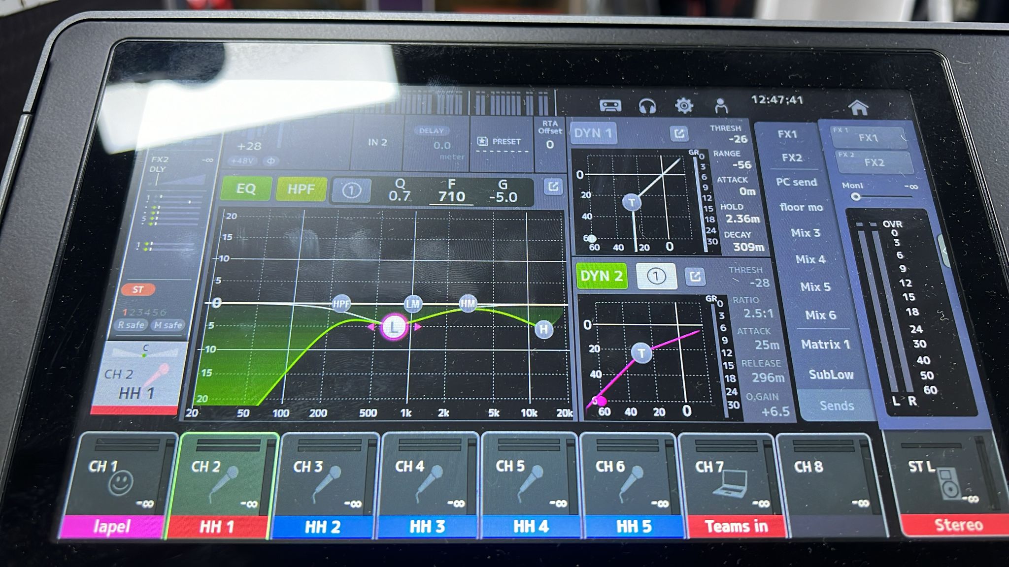 Audio mixing console interface displaying EQ controls and channel settings for live event sound management.