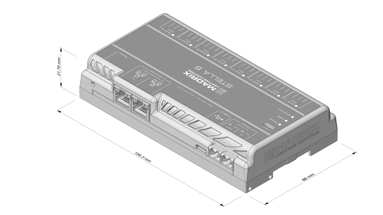 DMX lighting controller device with multiple ports for event lighting setups, used in AV productions for dynamic effects.