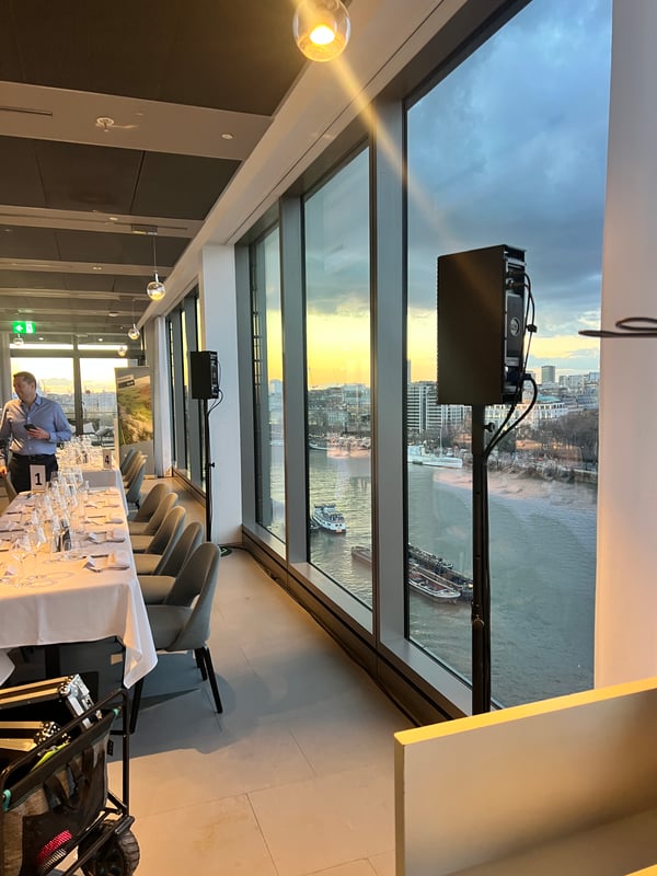 Speakers next to a high up view of London Bankside