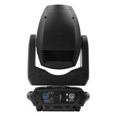 Black moving head stage light with multiple input connections, suitable for corporate events, weddings, and live productions.