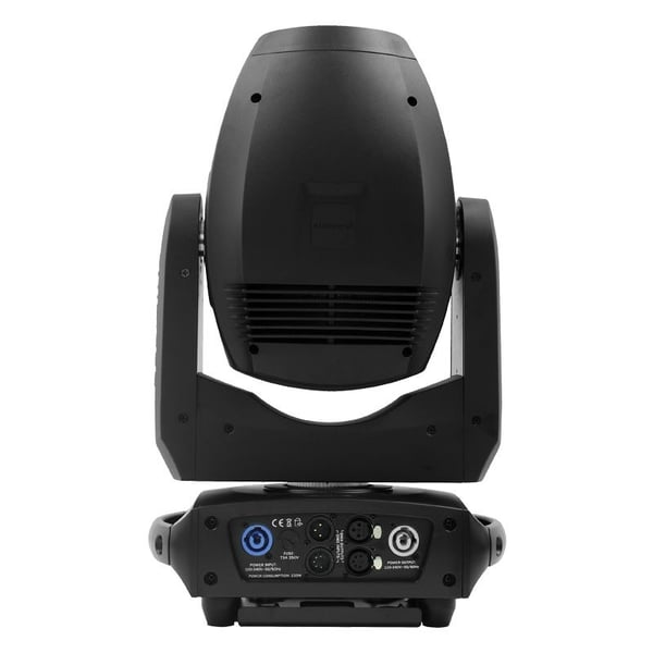Black moving head stage light with multiple input connections, suitable for corporate events, weddings, and live productions.