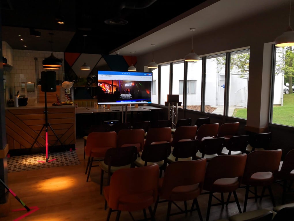 75" screen, large screen, meeting, board meeting, public meeting, screen, lectern hire, PA system hire, microphone hire, speaker hire, South mimms, Pizza Express, M25, Service station, conference, Berkshire, Hampshire, Oxford, London, Large viewing for screens, screen hire, AV hire, AV, AVE Services