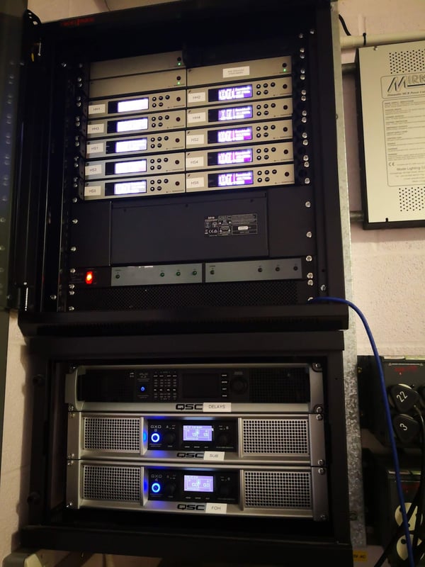 Sennheiser radio microphone installation with QSC amplifiers at a local private school Berkshire