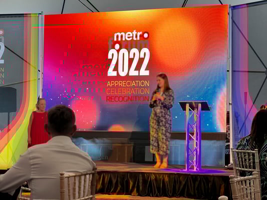 4m wide LED videowall for a corporate award show and after party. People on stage giving awards and a speech, next to a silver truss lectern