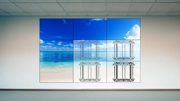 3x3 Videowall wall, showing a popout wall mount fixed onto a standard office wall, or a reception space.