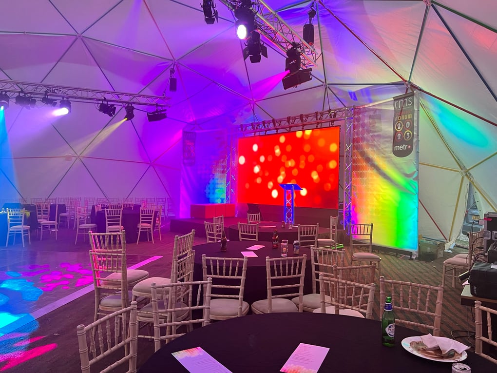 RMS Metro Conference & Awards Show, with large LED videowall, bright rigged lighting in a dome tent