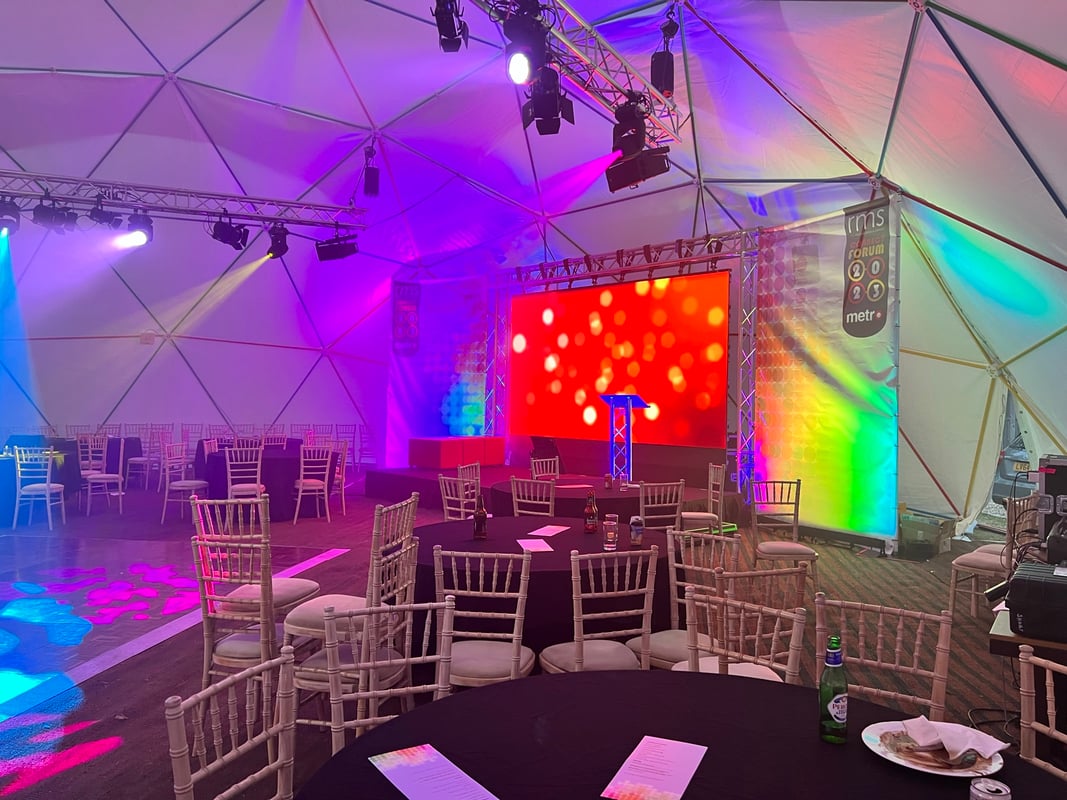 RMS Metro Conference & Awards Show, with large LED videowall, bright rigged lighting in a dome tent