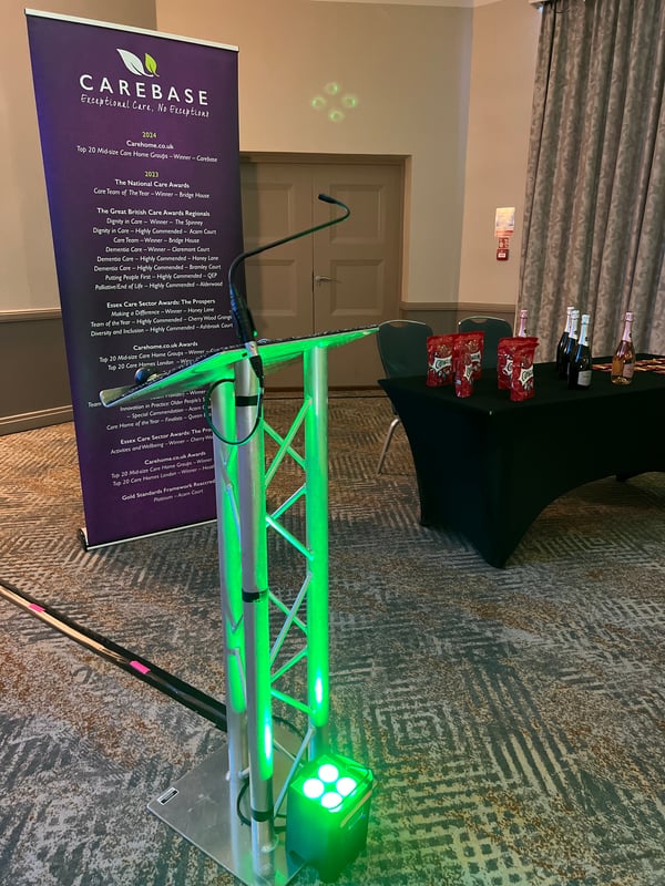 Av hire, audio visual, av equipment, Waltham Abbey, M25, M4, Marriot hotels, comfort monitor, 32" screen, Lectern, Lectern microphone, uplighters, conference, meeting, awards, projector, PA system, wireless microphone, technician, HDMI cables, speakers, large audience, Carebase, AVE Services