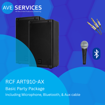 RCF Speakers, Shure Switched Microphone, Aux cable and bluetooth logo