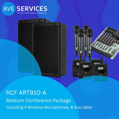 RCF Speakers, Sennheiser wireless microphones, Behringer Desk
