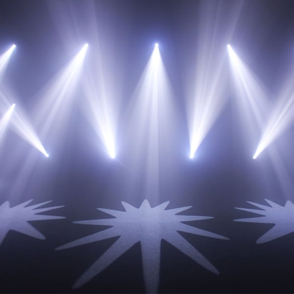 Stage lighting setup with six white spotlights creating star patterns on the floor, ideal for corporate events or concerts.