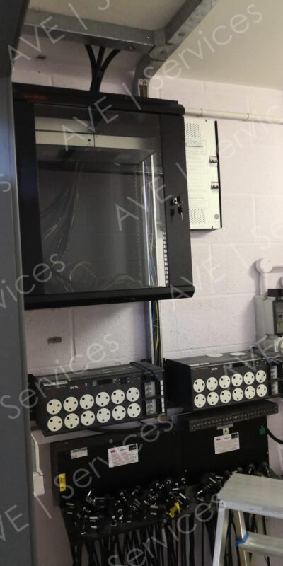 Event power distribution setup featuring rack-mounted power units and cable management for audio-visual equipment.